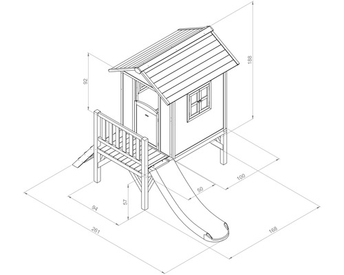 Maattekening van een speelhuis met glijbaan voor de tuin