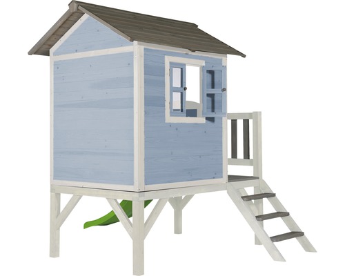 Blauw houten speelhuis met glijbaan en ladder