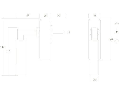 Technische tekening van een raamkruk met maataanduidingen