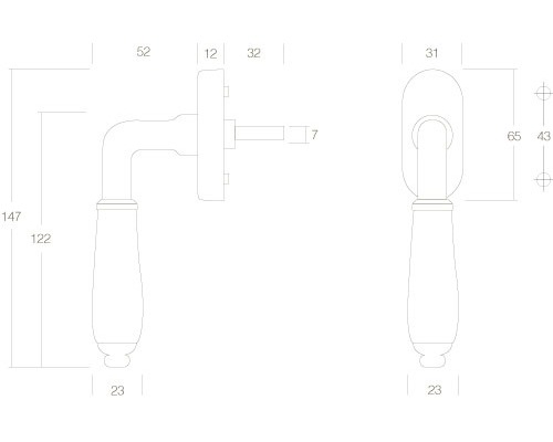 Technische tekening van een deurklink met afmetingen