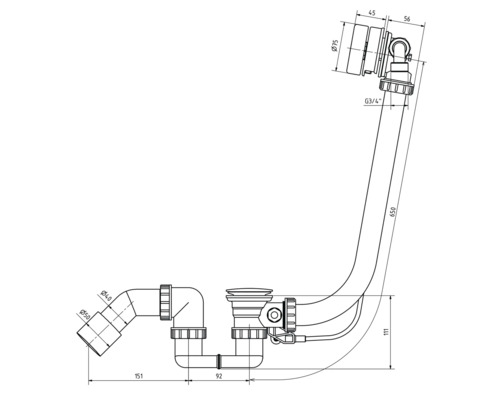 Technische tekening van een sifon met maatvoering