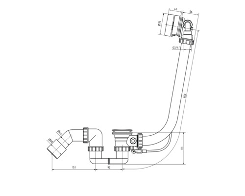 Technische tekening van een sifon met afmetingen