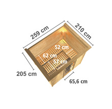 Afmetingen sauna van bovenaf: 259 cm, 210 cm, 205 cm, 65,6 cm, 62 cm, 57 cm, 52 cm