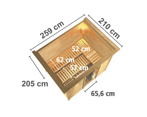 Afmetingen sauna van bovenaf: 259 cm, 210 cm, 205 cm, 65,6 cm, 62 cm, 57 cm, 52 cm