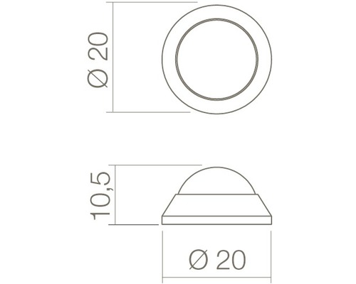 Technische tekening van een ronde meubelpoot met afmetingen van 20 millimeter diameter en 10,5 millimeter hoogte