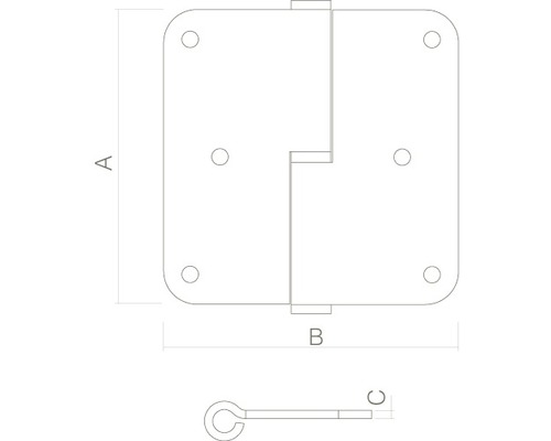 Technische tekening van een scharnier met afmetingen