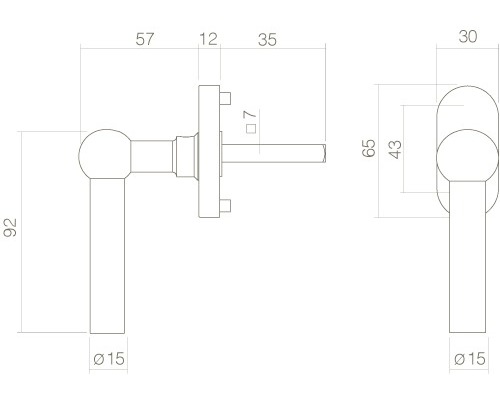 Technische tekening van een deurklink met afmetingen