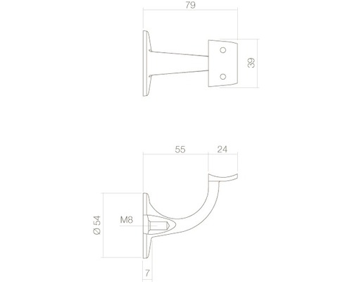 Technische tekening van een leuninghouder met maataanduidingen