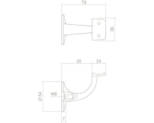 Technische tekening van een leuninghouder met maatvoering