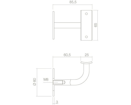 Technische tekening van een leuninghouder met afmetingen