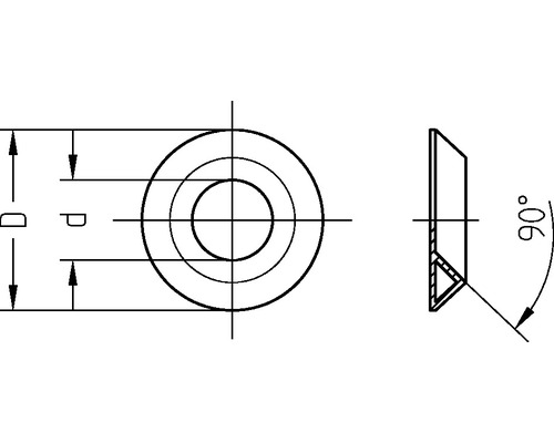 Technische tekening van een sluitring met afmetingen en een hoek van 90 graden