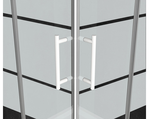 Detailopname van een douchecabine met deurknoppen en transparant glas