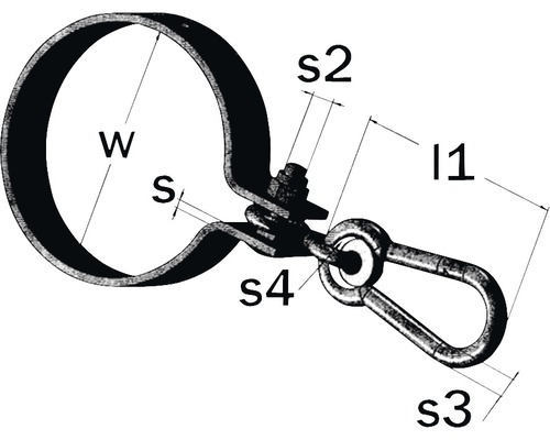 Pijpklem met karabijnhaak en afmetingen
