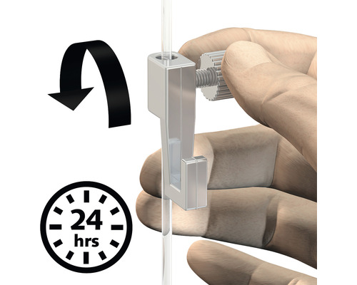 Close-up van een verstelbare kabelhanger met draaimechanisme, bevestigd aan een transparante kabel, samen met een symbool voor 24 uur uithardingstijd en een pijl voor de draairichting