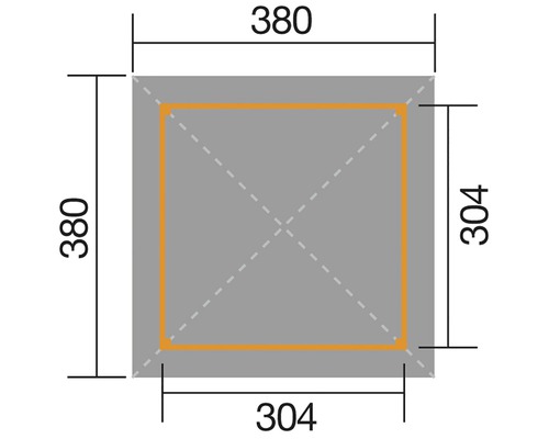 Vierkante schematische tekening met afmetingen 380 bij 380 millimeter en 304 bij 304 millimeter