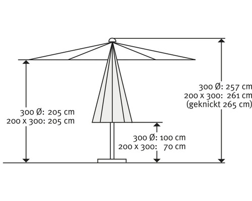 Afmetingen van een parasol met diameter en hoogte