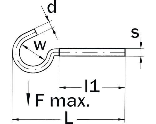 Technische tekening van een haak met afmetingen