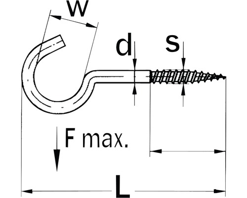 Technische tekening van een haakschroef met afmetingen