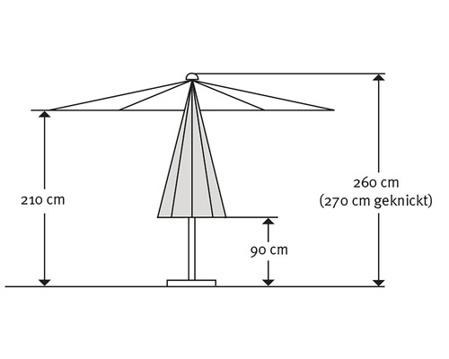Technische tekening van een parasol met afmetingen