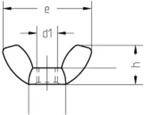 Technische tekening van een vleugelmoer met afmetingen