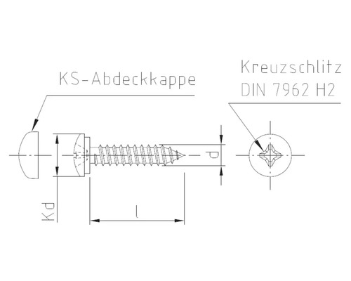 Technische tekening van een schroef met afdekkap en kruiskop volgens DIN 7962 H2