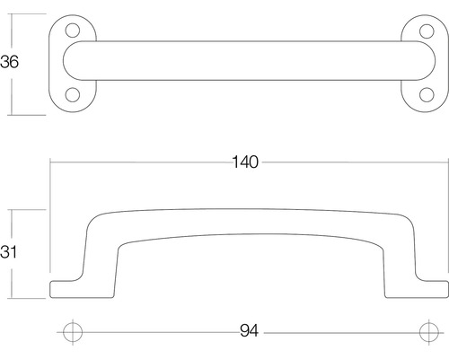 Technische tekening van een meubelgreep met afmetingen