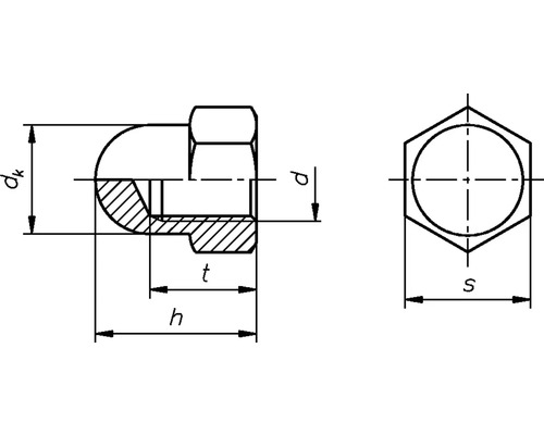 Technische tekening van een dopmoer met maatvoering