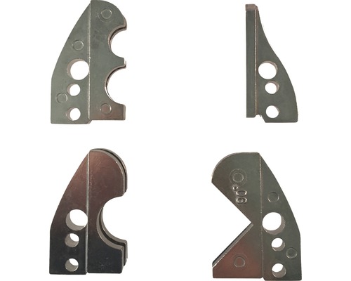 Vier aanzichten van een metalen sjabloon met verschillende boringen en uitsparingen.