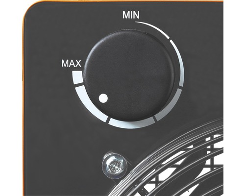 Close-up van een draaiknop met de aanduiding ''MIN'' en ''MAX'' voor de instelling van een verwarmingstoestel.