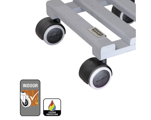 Houten rolplank met indoor symbool, kleur bescherming symbool en Wagner logo