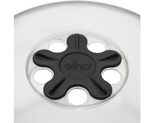 Elho logo op een transparante plantenbak afdekking met ventilatiegaten