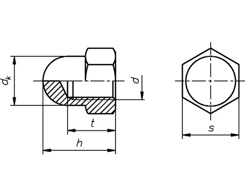 Technische tekening van een dopmoer met afmetingen
