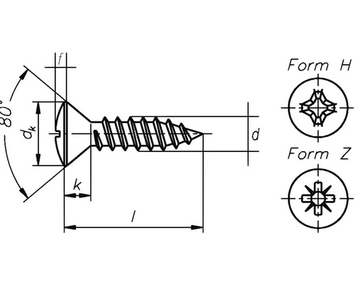Technische tekening van een verzonken schroef met afmetingen en kopvormen