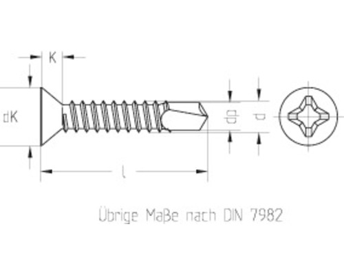 Technische tekening van een verzonken schroef volgens DIN 7982 met afmetingen