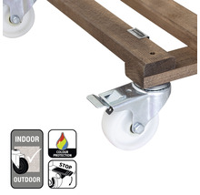 Gedetailleerde weergave van een houten rollenonderzetterconstructie met wielen, symbool voor binnen en buiten, symbool voor kleurbescherming, symbool voor parkeerrem