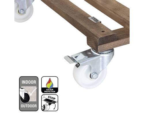 Gedetailleerde weergave van een houten rollenonderzetterconstructie met wielen, symbool voor binnen en buiten, symbool voor kleurbescherming, symbool voor parkeerrem