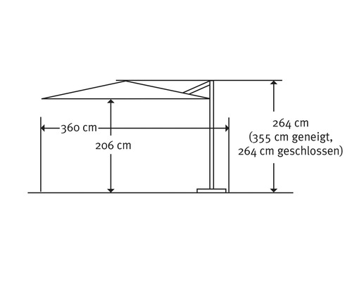 Technische tekening van een parasol met maatvoering
