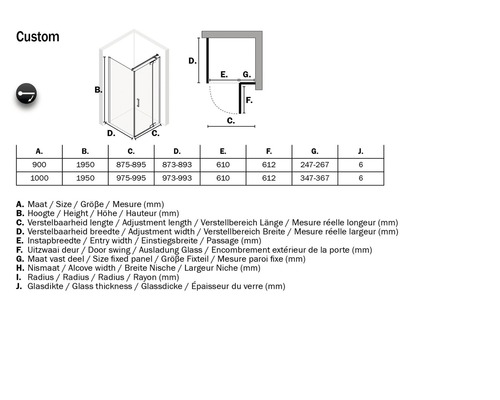 Technische tekening van een douchecabine met afmetingen