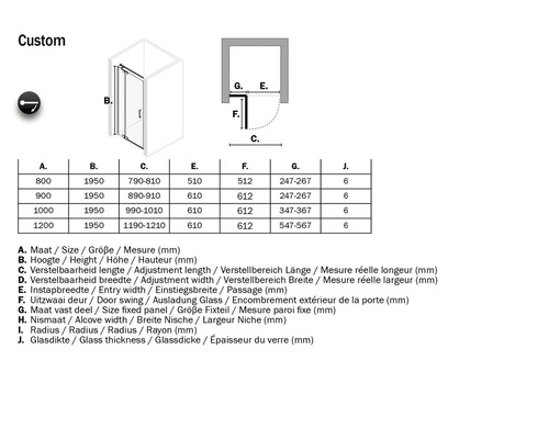 Technische tekening van een douchecabine met maatvoering