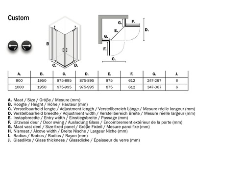 Technische tekening van een douchecabine met afmetingen