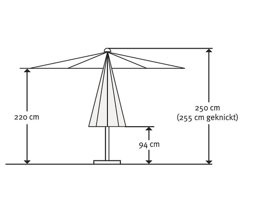 Technische tekening van een parasol met hoogtematen