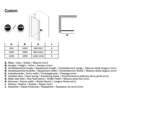 Technische tekening van een douche met afmetingen