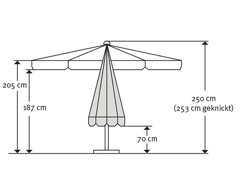 Technische tekening van een parasol met hoogtematen in centimeters.