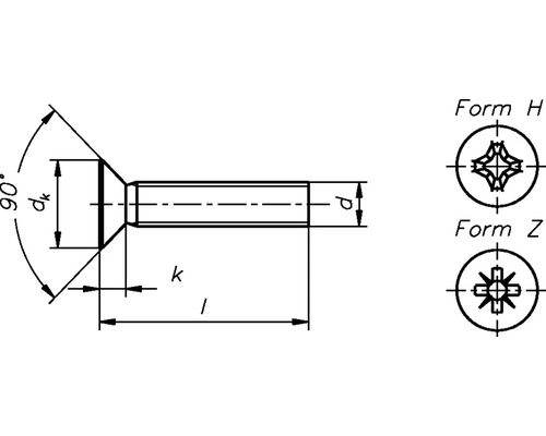 Technische tekening van een verzonken schroef met afmetingen en kopvarianten H en Z.