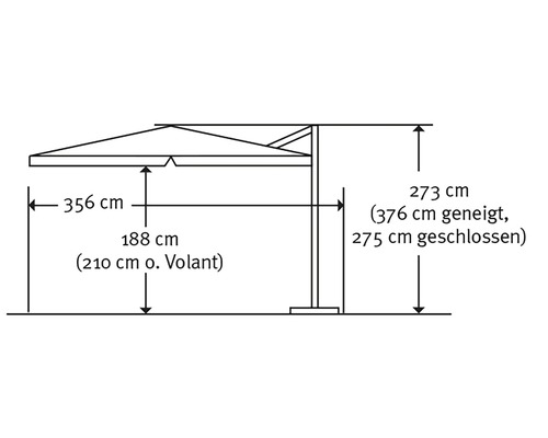 Afbeelding van de afmetingen van een parasol