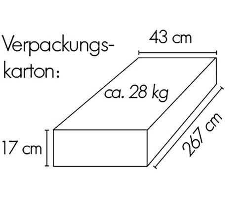 Verpakkingsdoos met de afmetingen 267, 43 en 17 centimeter, gewicht circa 28 kilogram