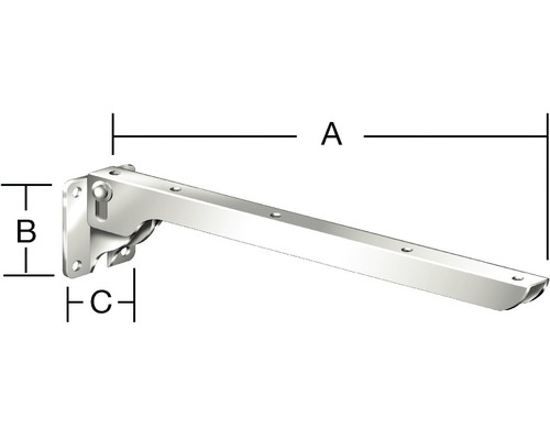 Opklapbare console met afmetingen A, B en C om de afmetingen weer te geven