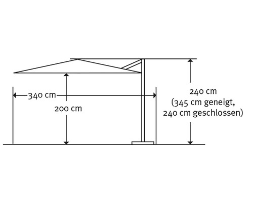 Schets van een parasol met afmetingen