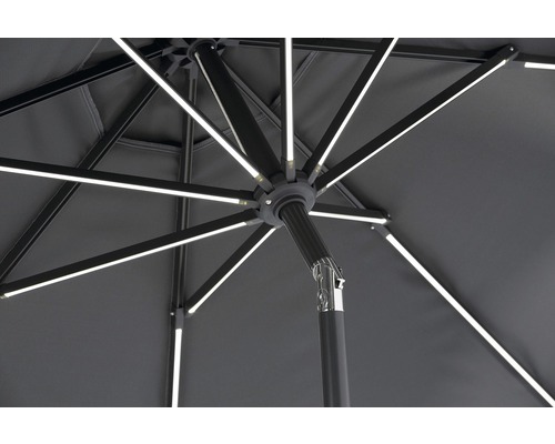 Detailaanzicht van de onderkant van een open tu parasol met verlichting