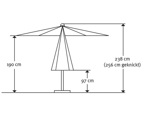 Schets van een parasol met de afmetingen 190 cm hoogte, 238 cm totale hoogte en 97 cm hoogte van de tafel
